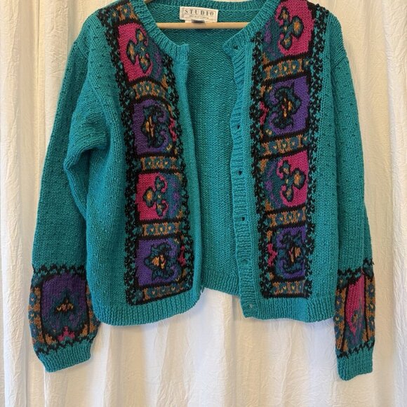 Vintage Michelle Stuart Studio Knit Cardigan Sweater Boho Artsy Cottage Size Med - Picture 2 of 7